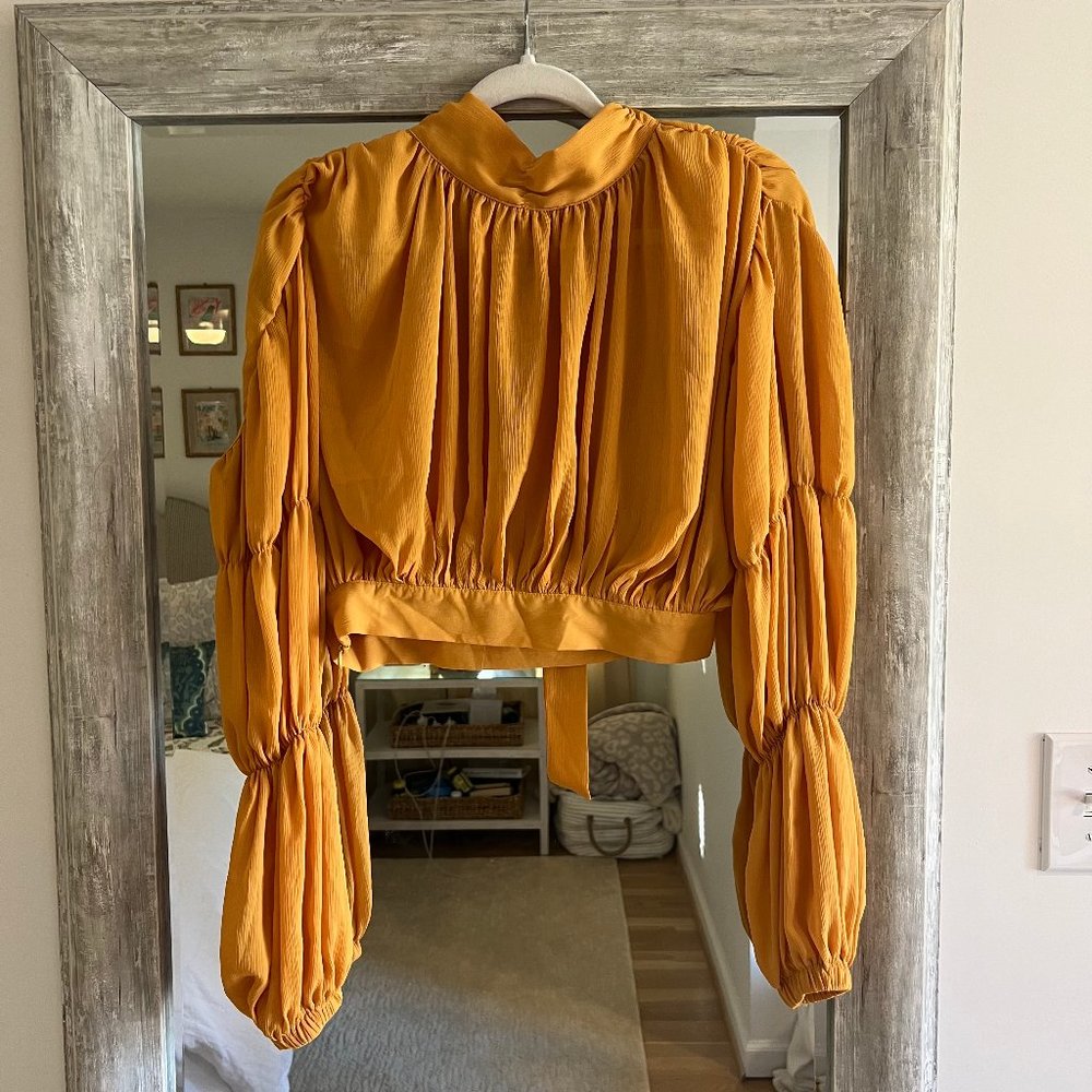 Mustard Yellow Bubble Sleeve Cropped Blouse